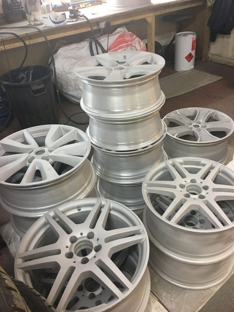 Alloy wheels prepped and ready for powder coat for Crowborough customer